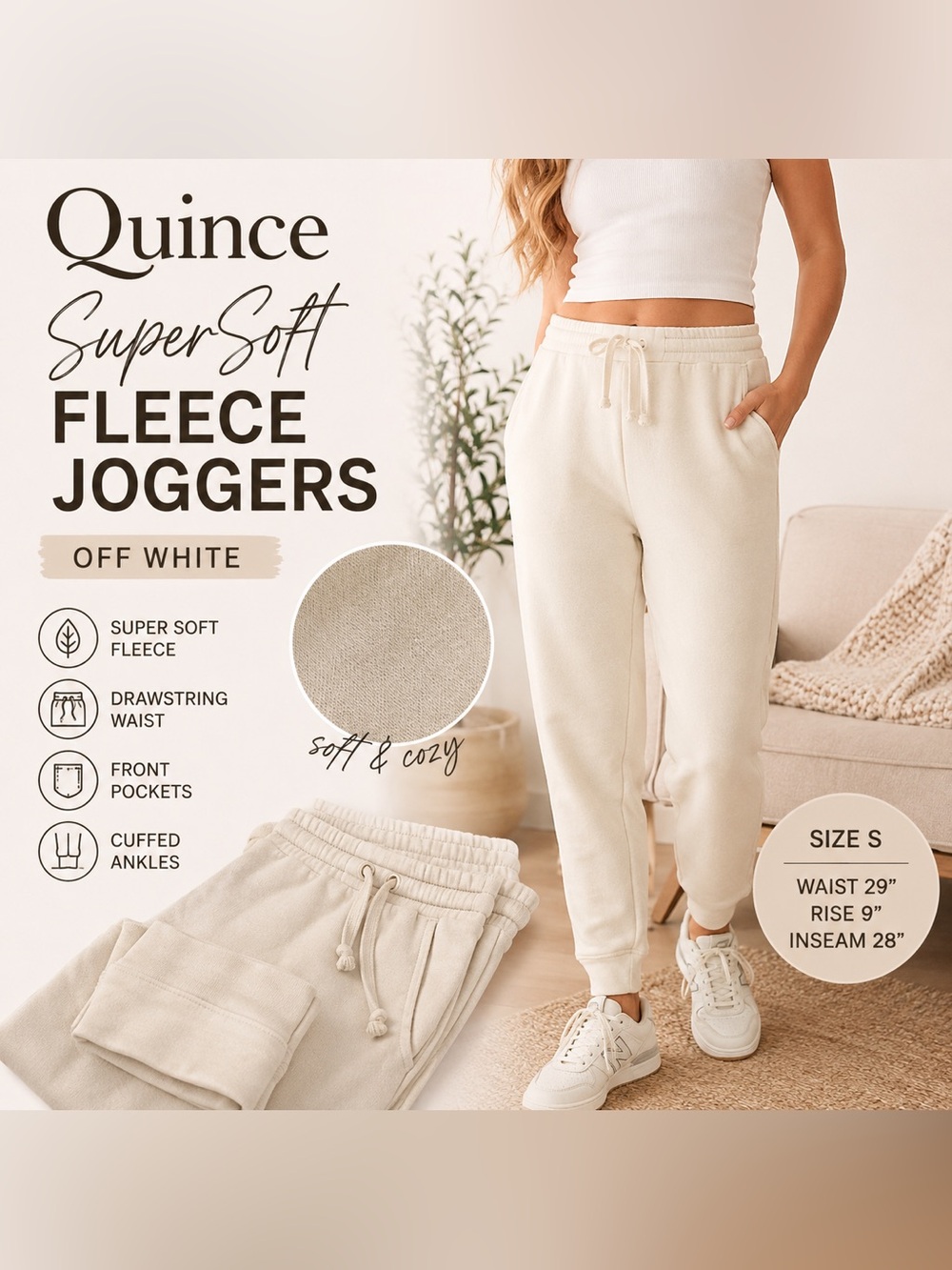 Quince SuperSoft Fleece Joggers Off White Small Lounge Sweatpants